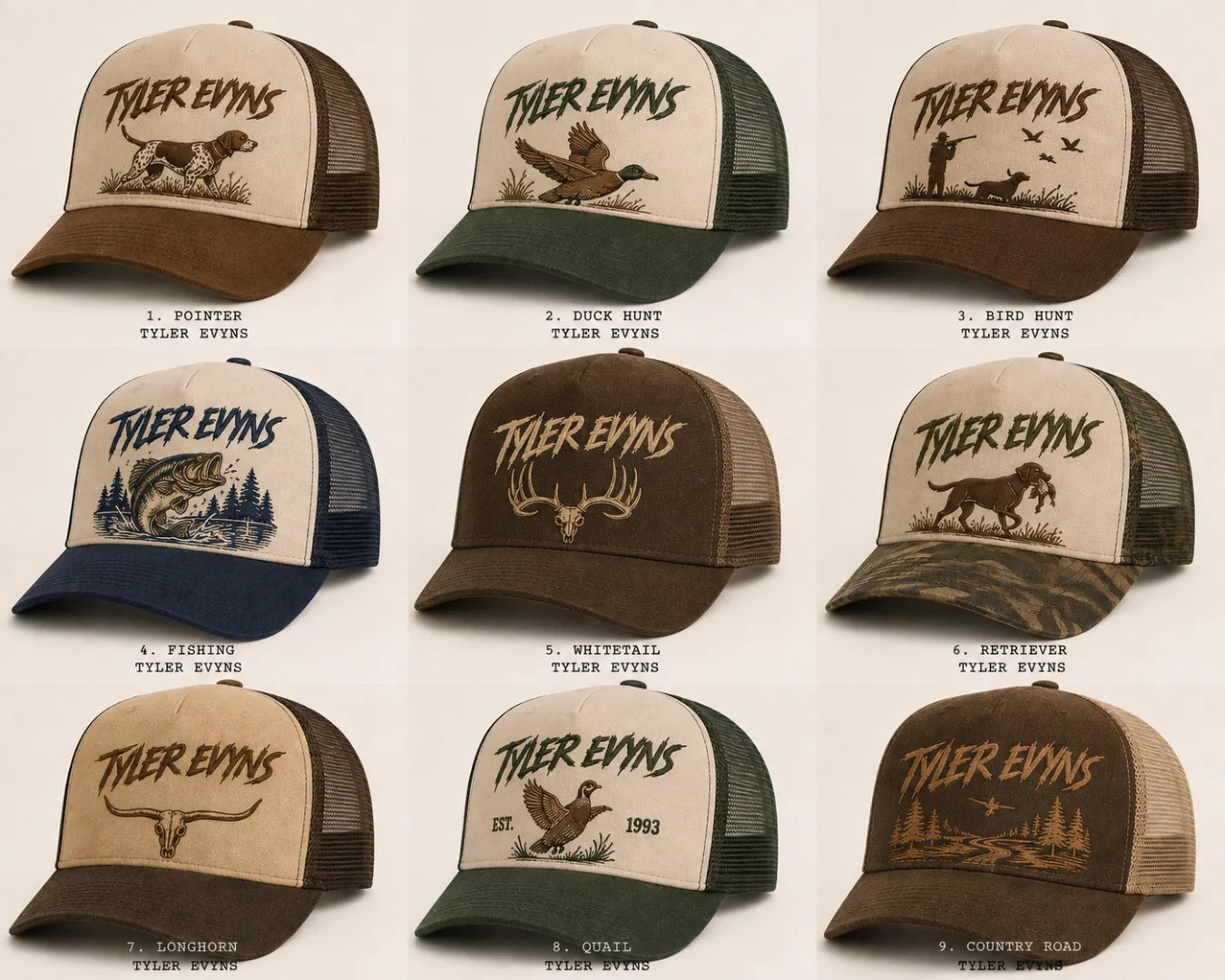 Nine upcoming Tyler Evyns trucker hat designs